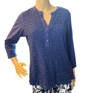 (6 for $25) Rebecca Malone Lace Front Henley in Navy Size Small